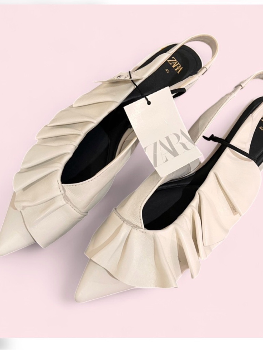ZARA -  Cream Pointed Ruffle Slingback Flats